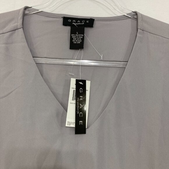 New Grace Large Gray V Neck Flare Sleeve Popover Blouse Romantic Elegant - Picture 4 of 8